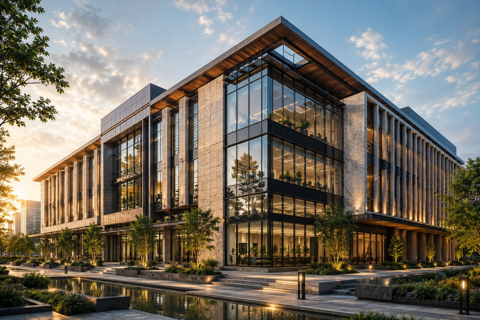Contemporary building balancing glazed fenestration and engineered facade systems