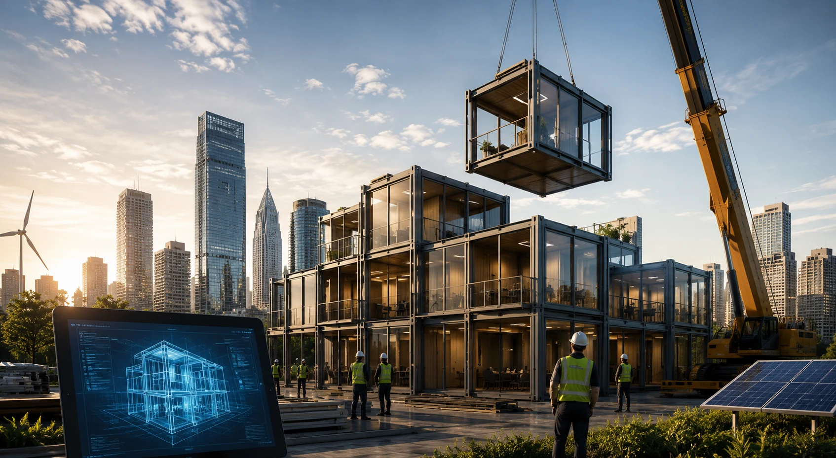 Modular building units being assembled using digitally coordinated construction