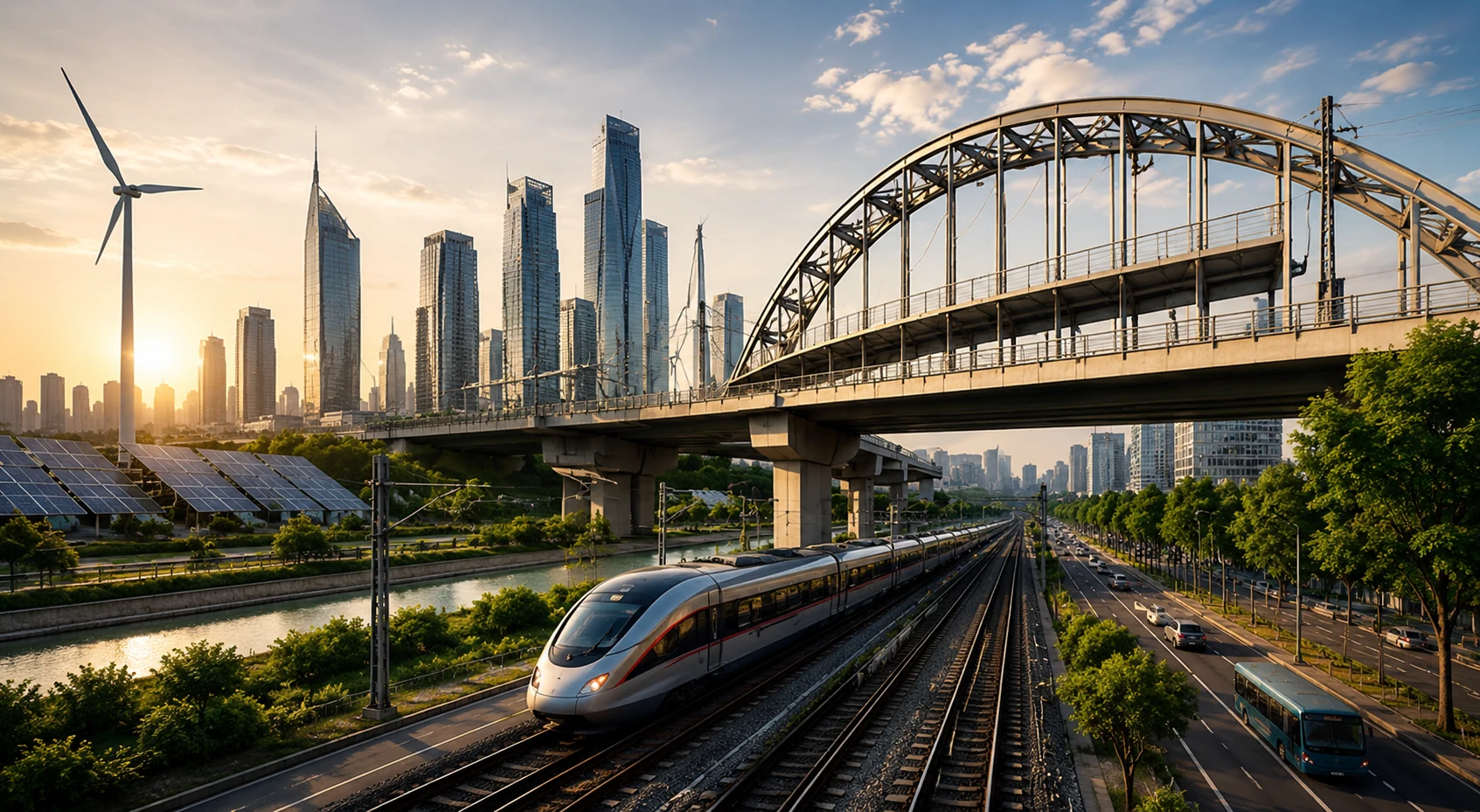 Integrated rail, bridge, road, renewable energy and city infrastructure
